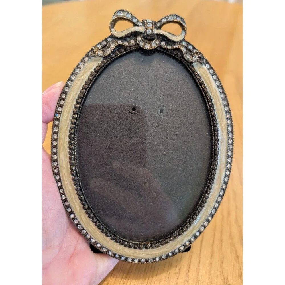 Faux Pearl Gold Rhinestone Oval Photo Frame Standing Ornate 3.5